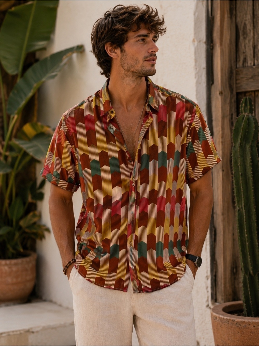Colorful Geometric Print Men's Casual Button Down Shirt Size L Festival Retro